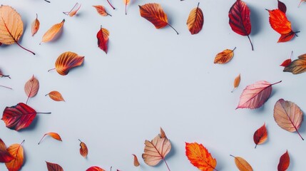 Sticker - Fall themed flat lay design with leaves on white surface top view with space for text