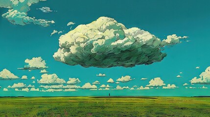 Canvas Print -  Large cloud in sky, green field, man on distant hill in painting