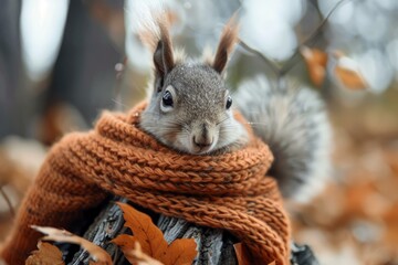 Wall Mural - Cute grey squirrel wearing a warm, orange scarf sits among fallen autumn leaves