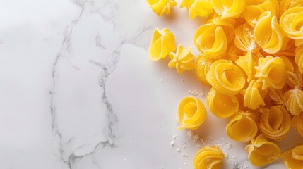 Sticker - Yellow macaroni on white marble with space for text