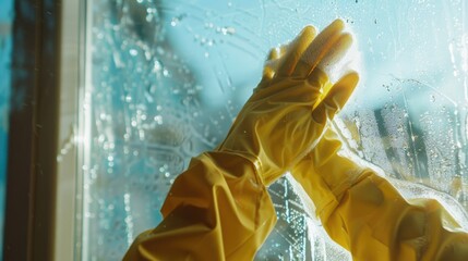 Wall Mural - A person wearing yellow gloves is cleaning a window with a cloth and water