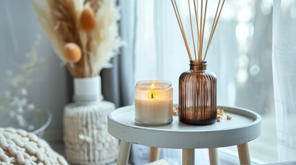 Wall Mural - Modern cozy home decor: candle, aroma sticks, and other items on small table by white wall.