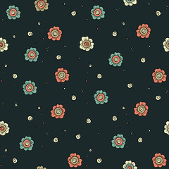 Canvas Print - Seamless vector pattern of simple flowers in Indian style on a dark background vintage retro design