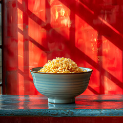 Canvas Print - A bowl of noodles with red sauce and fresh green herbs.