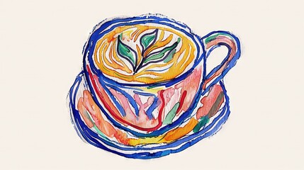 Sticker -   A sketch of a coffee cup adorned with a leaf atop and a saucer resting below