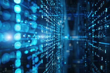 Conceptual image of blue binary code representing digital data flow