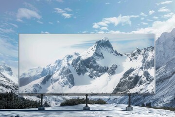 Poster - A billboard stands out against the snowy landscape with a mountain range in the background