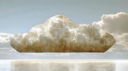 Sticker -   A vast, pure-white cloud drifts in the blue sky above a significant expanse of water, with a boat anchored in the foreground