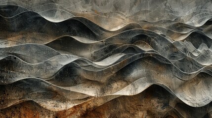 Wall Mural -  A painting depicts a mountain range with waves in the foreground and a rusted metal wall in the background