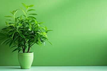 A vibrant green plant in a green pot placed against a green wall, symbolizing growth, freshness, and tranquility.