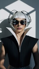 Canvas Print - A woman with white hair wearing sunglasses and a black top, AI