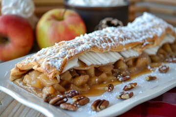 Canvas Print - Closeup of a scrumptious puff pastry filled with caramelized apples and pecans, dusted with powdered sugar