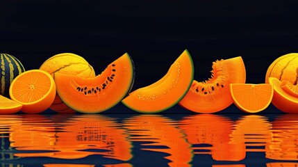 Poster -   A set of orange wedges perched atop a table alongside a bisected watermelon