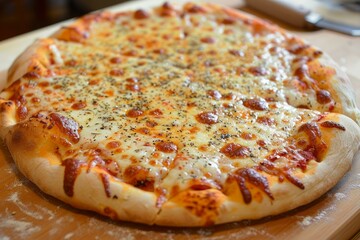 Poster - Closeup of a hot pepperoni pizza with melted cheese and herbs on a wooden serving board