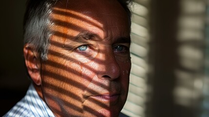 Wall Mural - A man looks thoughtfully into the distance, his face partially obscured by the shadows of blinds. AI.