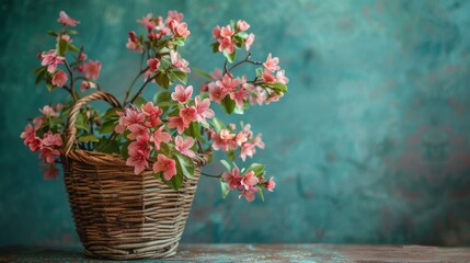 Wall Mural - A basket filled with pink blossoms. AI.