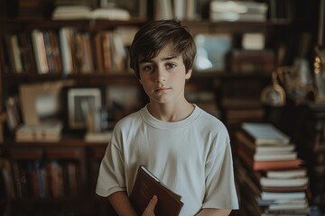 Poster - A young boy holds a book in a library. AI.