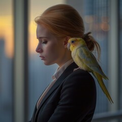 Poster - A woman with a parrot on her shoulder looks out a window. AI.