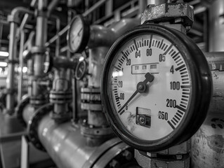 Poster - A close-up of a pressure gauge in a factory setting. AI.