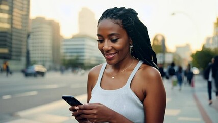 Poster - Young woman walking street texting on phone