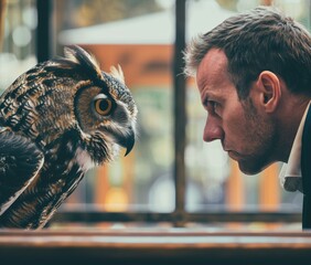 Wall Mural - A man looks intently at an owl. AI.