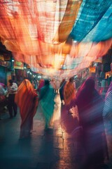 Wall Mural - People walking through a colorful market. AI.