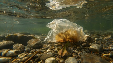 Wall Mural - A plastic bag lies on the bottom of a river bed, surrounded by rocks and pebbles. AI.