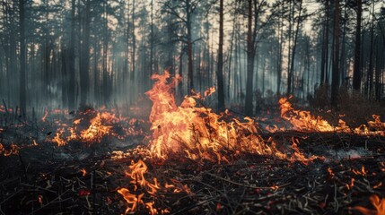 Poster - A wildfire burns through dry undergrowth in a forest. AI.