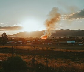 Poster - A fire burns in a field with smoke rising into the air. AI.