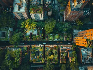 Sticker - An aerial view of a city with rooftop gardens. AI.