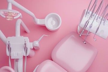 Wall Mural - Top view of dental instruments and chair over a soft pink background