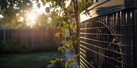 Wall Mural - Outdoor unit of air source heat pump installed in modern residential house building.