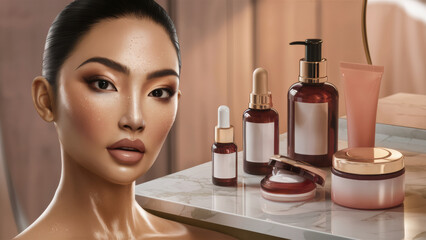 Poster - A woman with a face full of cosmetics on the counter, AI