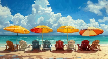 Canvas Print - Beach Chairs and Umbrellas on a Sunny Day