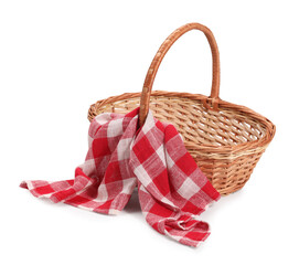 Wall Mural - One picnic wicker basket with checkered napkin isolated on white