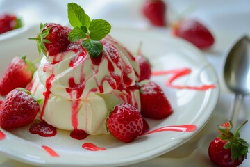 Poster - Elegant pavlova dessert topped with strawberries, mint sprig, and drizzled with syrup on a white plate