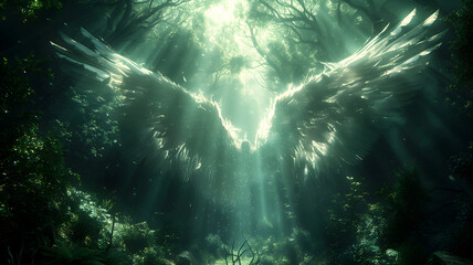 Wall Mural - Mystical, mighty angel in a mysterious forest landscape, surrounded by plants and water. Rays of light shine through from above, ethereal atmosphere. Dramatic mythology background, poster, wallpaper.
