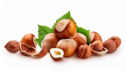 Wall Mural - hazelnut heap bundle whole nuts and cracked isolated on a white background