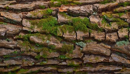 Wall Mural - relief texture of the brown bark of a tree with green moss and lichen on it panoramic image of a tree bark texture