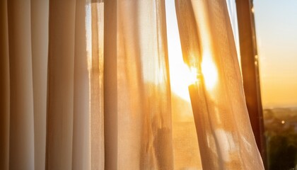 Wall Mural - sun is shining through the white curtains transparent curtain with sun rays on the window