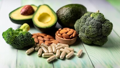 Wall Mural - a health focused image showcasing magnesium supplement capsules alongside natural magnesium rich foods such as sliced avocado fresh broccoli and a variety of nuts like almonds and cashews