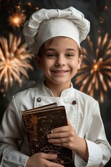 Poster - A young boy in chef's hat holding a book.