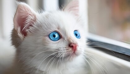 Wall Mural - closeup of a small white felidae with blue iris and whiskers by the window