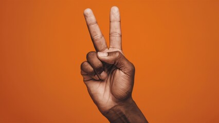 Canvas Print - A hand making the peace sign with fingers on an orange background, AI