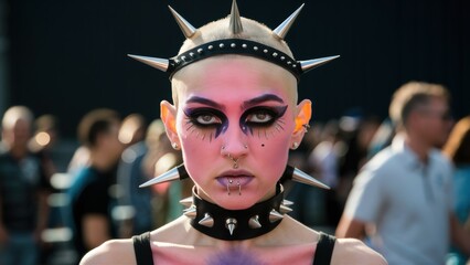 Poster - A woman with pink face paint and spikes on her head, AI