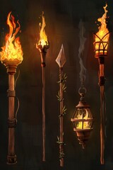 Sticker - A group of torches shining brightly, perfect for use in dark scenes or as a symbol of guidance