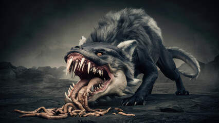 Poster - A large wolf with its mouth open eating worms, AI