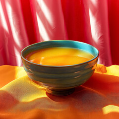 Wall Mural - A bowl of soup with a piece of egg on top.