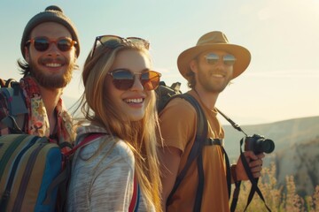 Sticker - Group of people standing at the summit of a mountain, enjoying the view and the outdoors