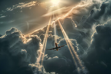 Wall Mural - Condensation trails and commercial planes soaring in the heavens.